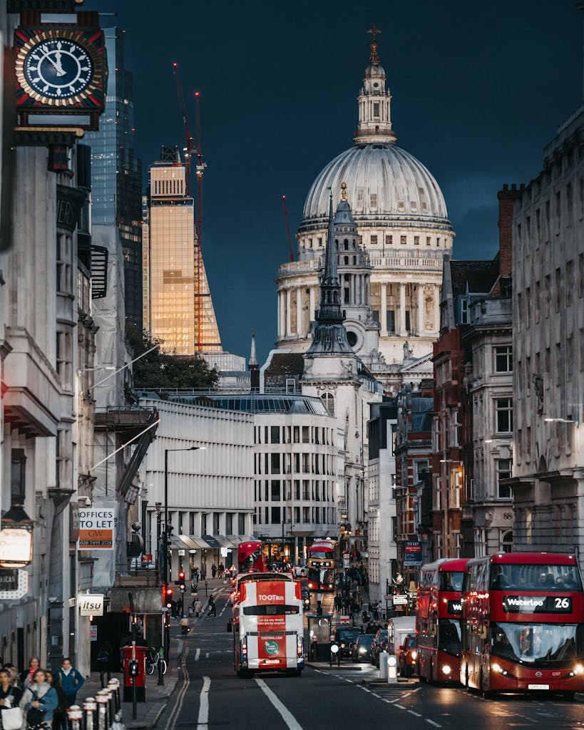Street in London with St Pauls Cathedral behind